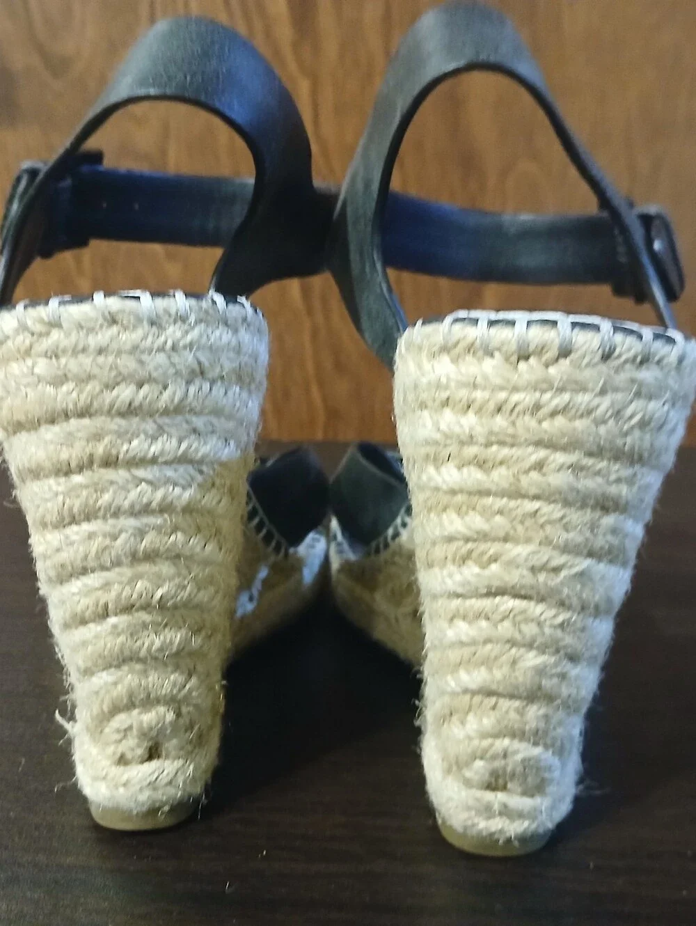 JOIE black leather jute wedges